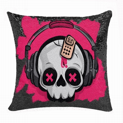 Awesome Skull Headphone Gift Personalised Picture Sequin Pillow